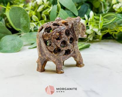 Hand-Carved Soapstone Undercut Elephant No.2 – 3.4" Lattice Sculpture with Baby Inside – Natural Stone Elephant Figurine for Wisdom & Luck