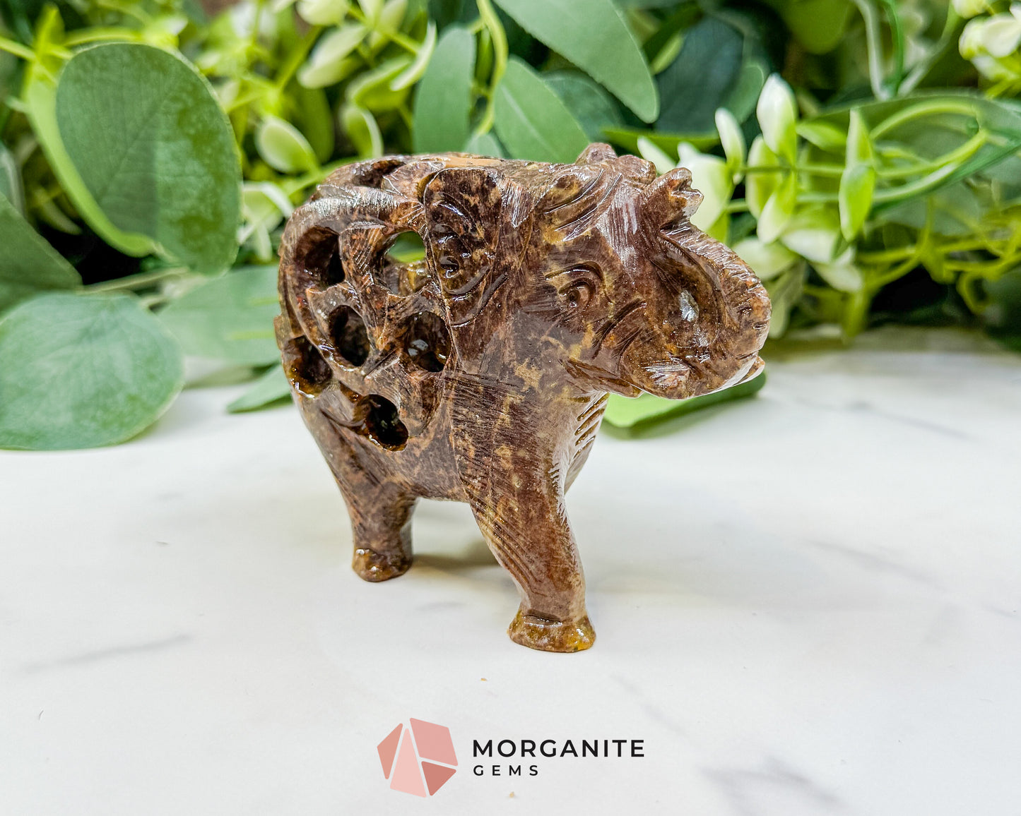 Hand-Carved Soapstone Undercut Elephant No.2 – 3.4" Lattice Sculpture with Baby Inside – Natural Stone Elephant Figurine for Wisdom & Luck