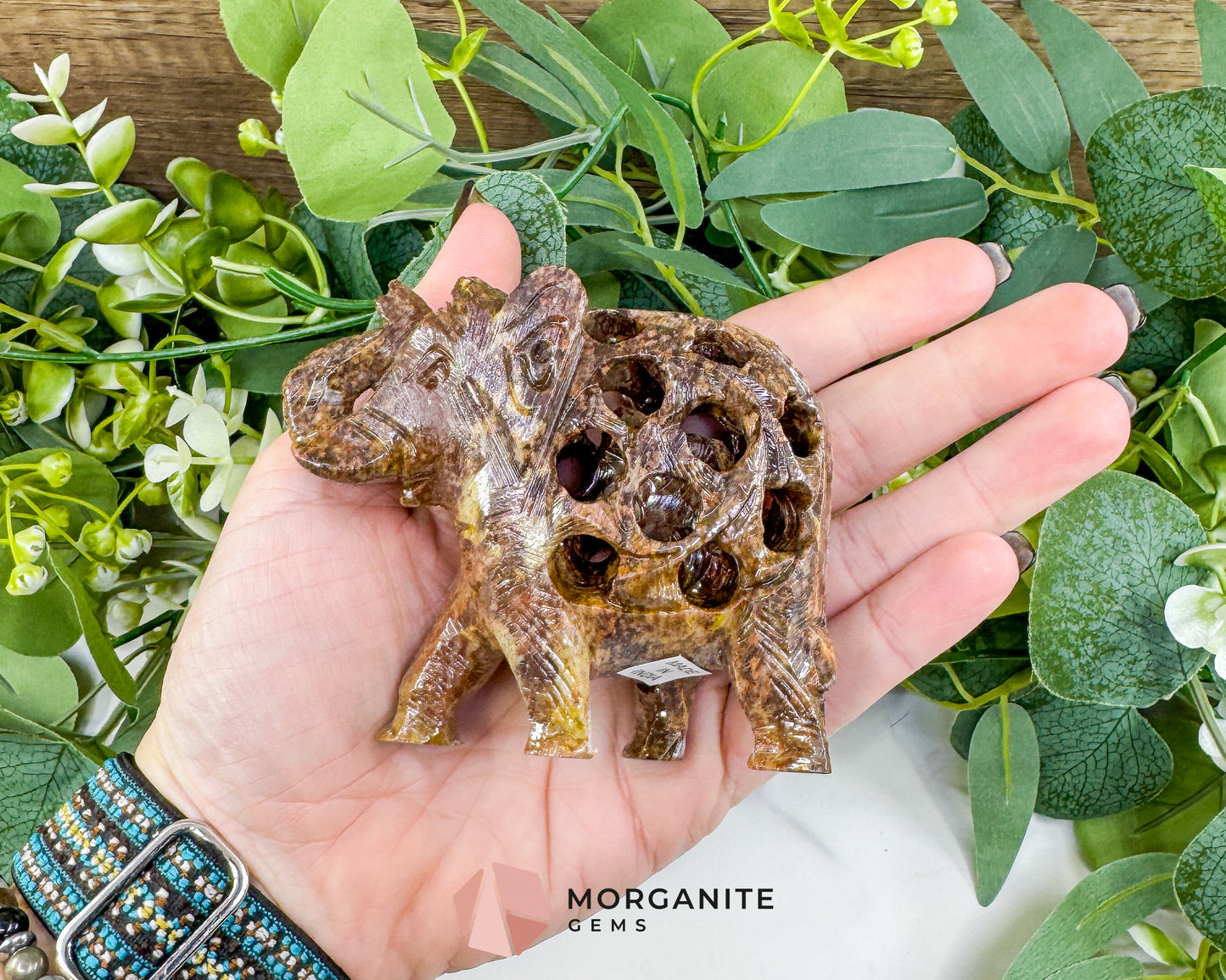 Hand-Carved Soapstone Undercut Elephant No.2 – 3.4" Lattice Sculpture with Baby Inside – Natural Stone Elephant Figurine for Wisdom & Luck