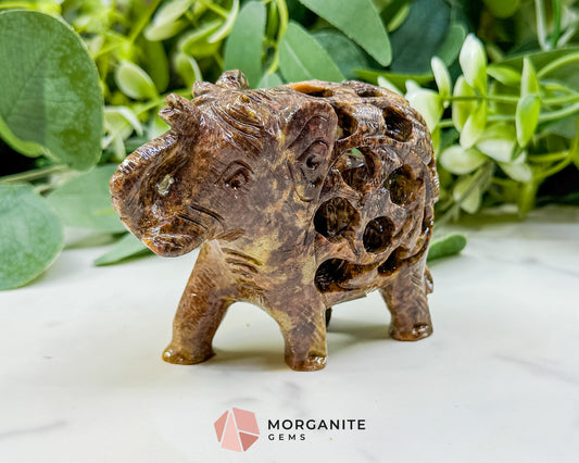 Hand-Carved Soapstone Undercut Elephant No.2 – 3.4" Lattice Sculpture with Baby Inside – Natural Stone Elephant Figurine for Wisdom & Luck