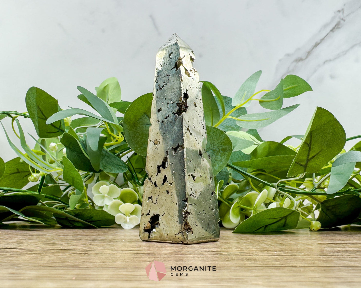 AA Pyrite Tower Obelisk – Handcrafted 4.6" Inch Energy Stone for Prosperity-Morganite Gems