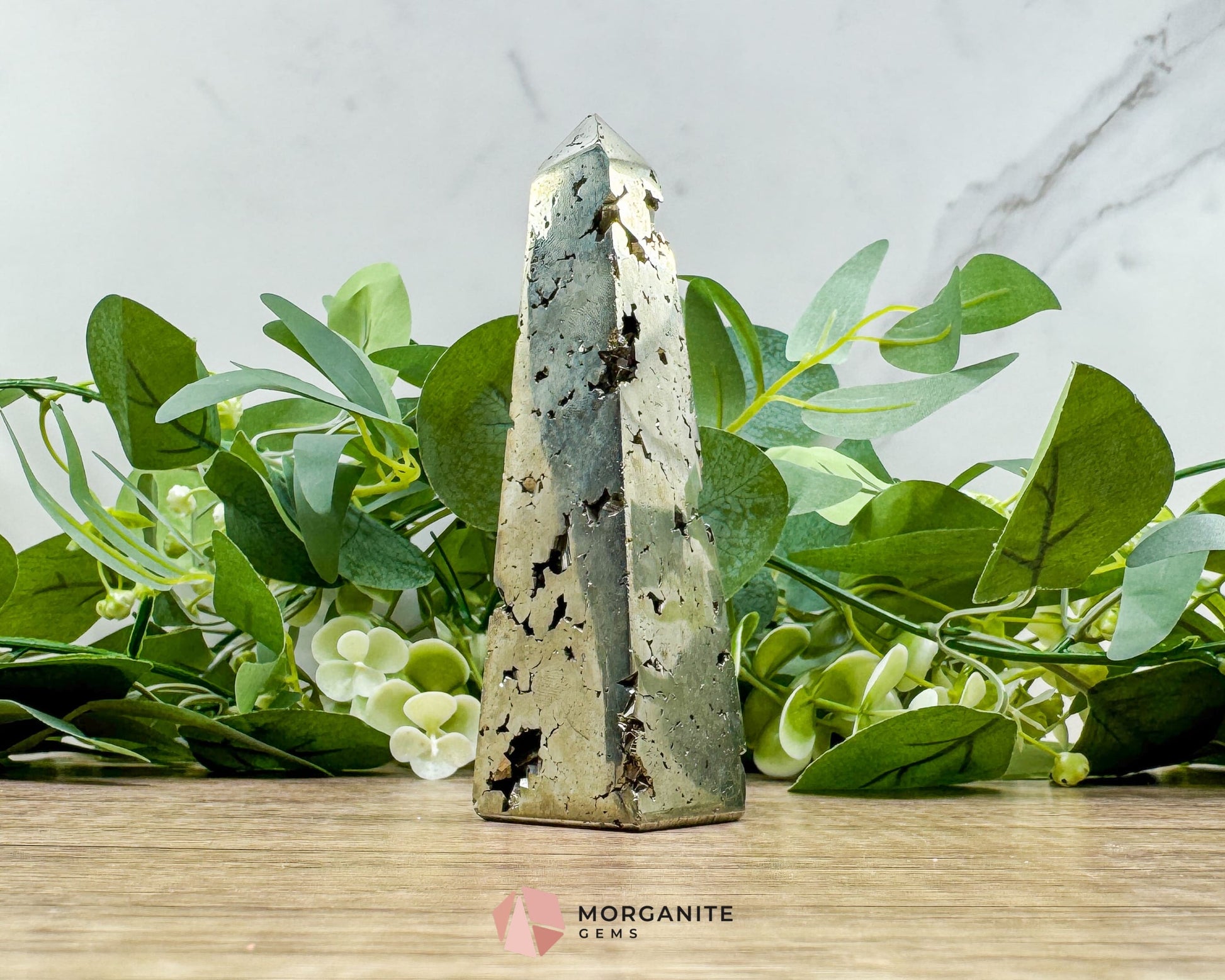 AA Pyrite Tower Obelisk – Handcrafted 4.6" Inch Energy Stone for Prosperity-Morganite Gems