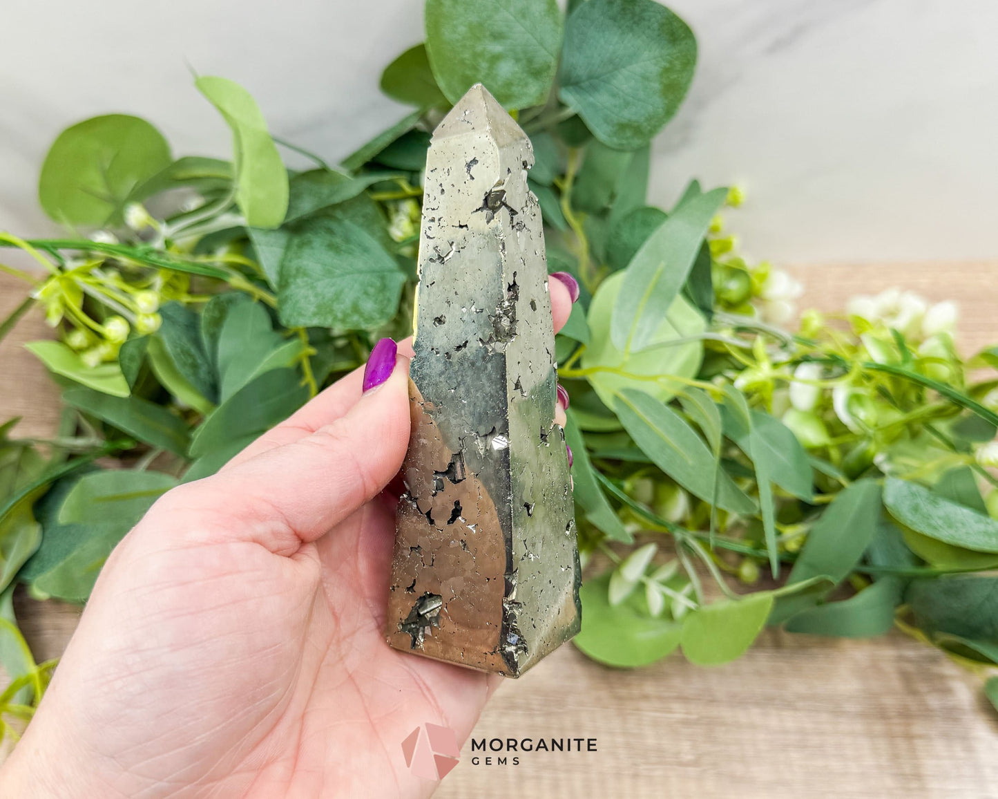 AA Pyrite Tower Obelisk – Handcrafted 4.6" Inch Energy Stone for Prosperity-Morganite Gems