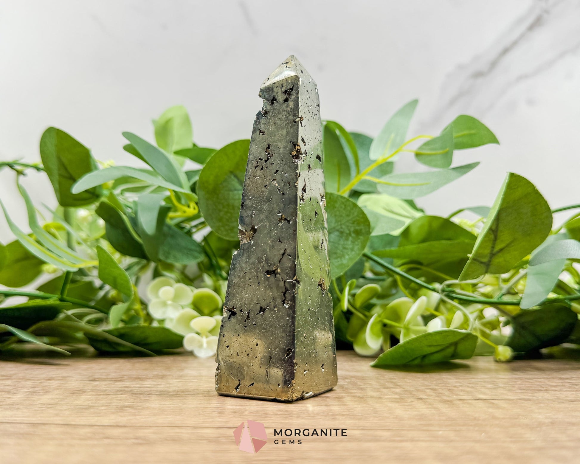 AA Pyrite Tower Obelisk – Handcrafted 4.6" Inch Energy Stone for Prosperity-Morganite Gems