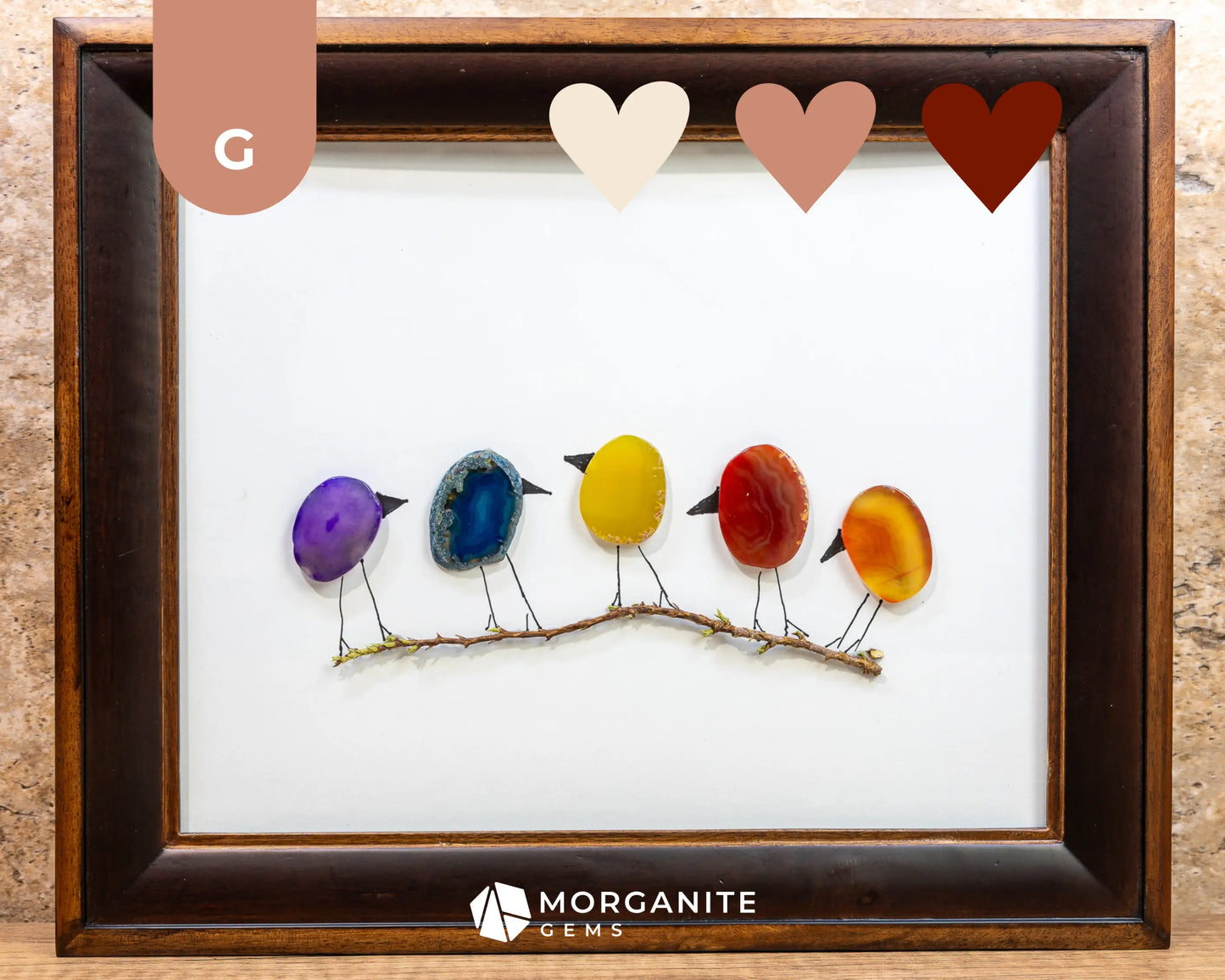 Agate Slice Bird Art in Upcycled Frame Unique Gemstone Wall Decor Nature-Inspired Gift - G - Brown Frame with Rainbow