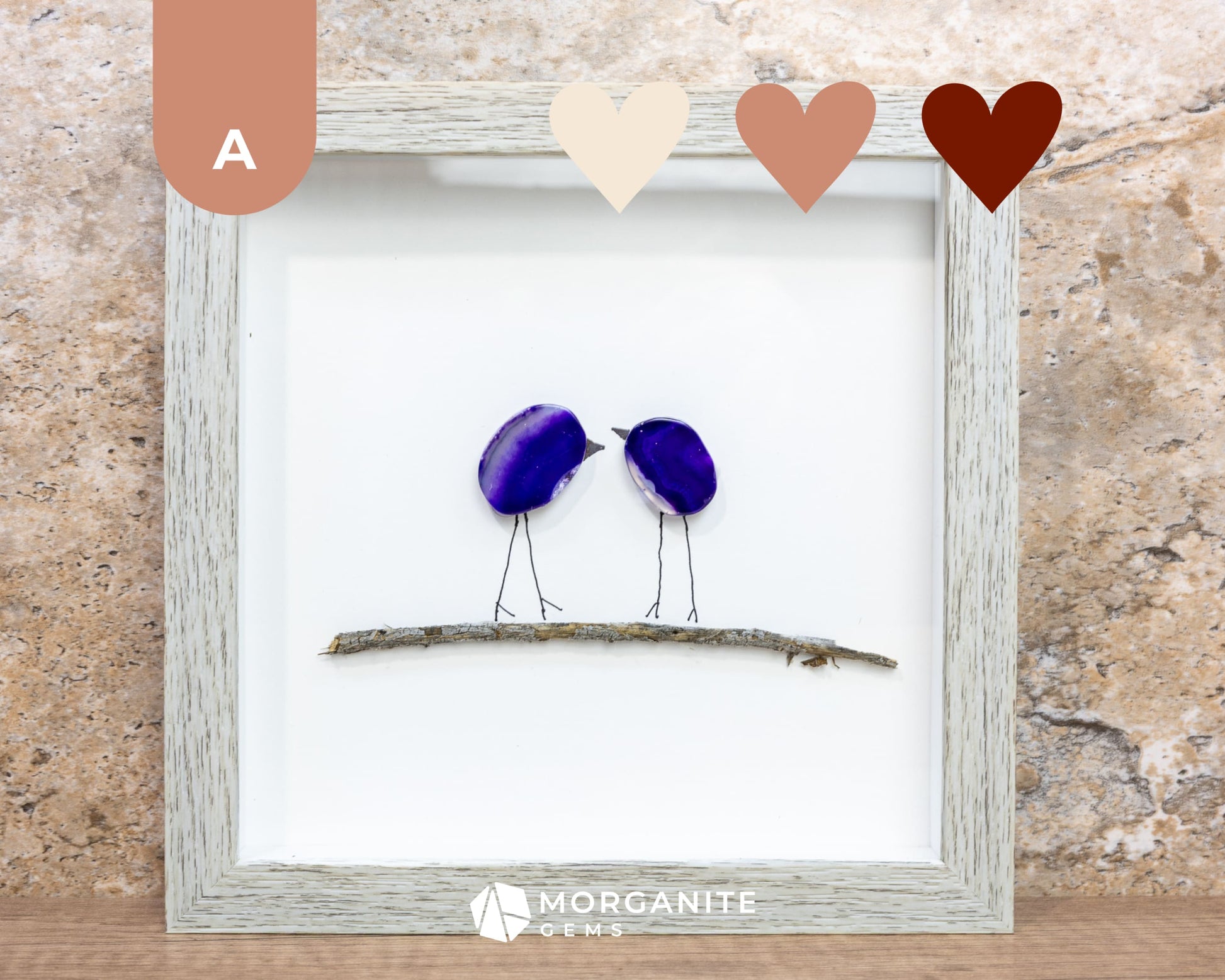 Agate Slice Bird Art in Upcycled Frame Unique Gemstone Wall Decor Nature-Inspired Gift - A - Gray Frame with Purple