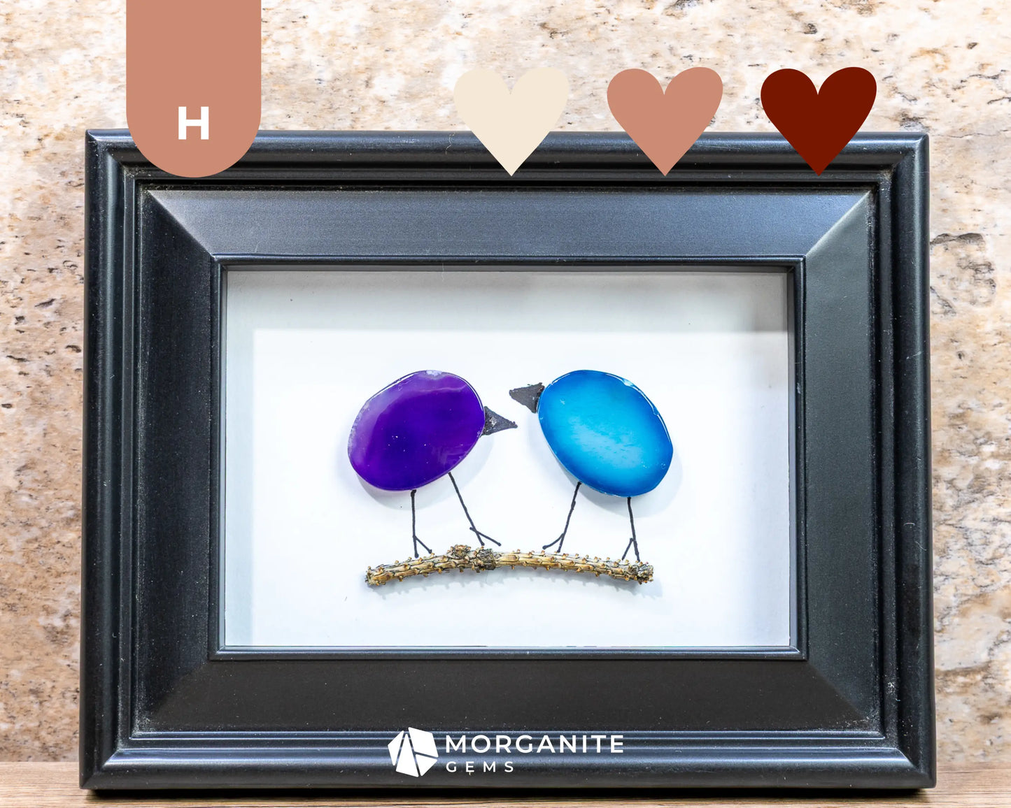 Agate Slice Bird Art in Upcycled Frame Unique Gemstone Wall Decor Nature-Inspired Gift - H - Black Frame with Purple &