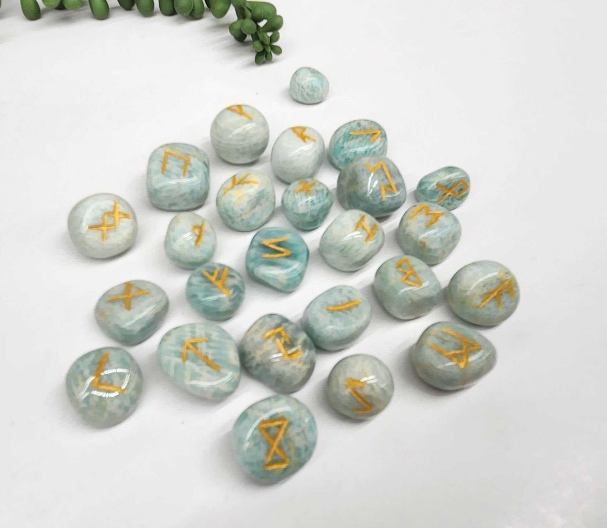 Amazonite Semi-Precious Gemstone Rune Sets with Velvet Pouch-Morganite Gems