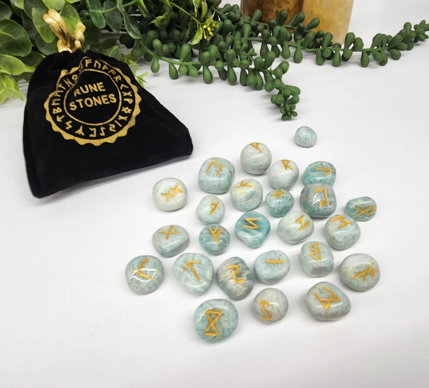 Amazonite Semi-Precious Gemstone Rune Sets with Velvet Pouch-Morganite Gems