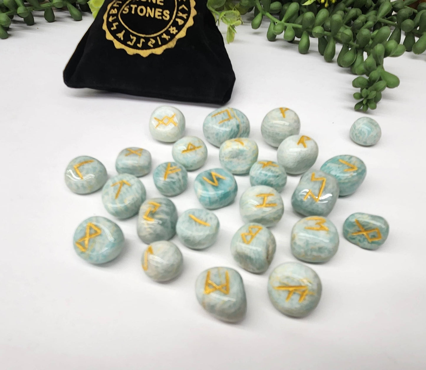 Amazonite Semi-Precious Gemstone Rune Sets with Velvet Pouch-Morganite Gems