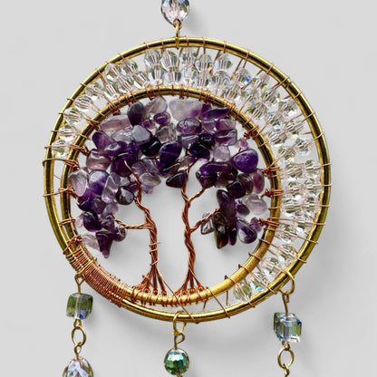 Gold Metal Dual Ring Dreamcatcher with 2 Trees of Life Amethyst Stones & Hanging Jewel Charms -- Rearview Mirror