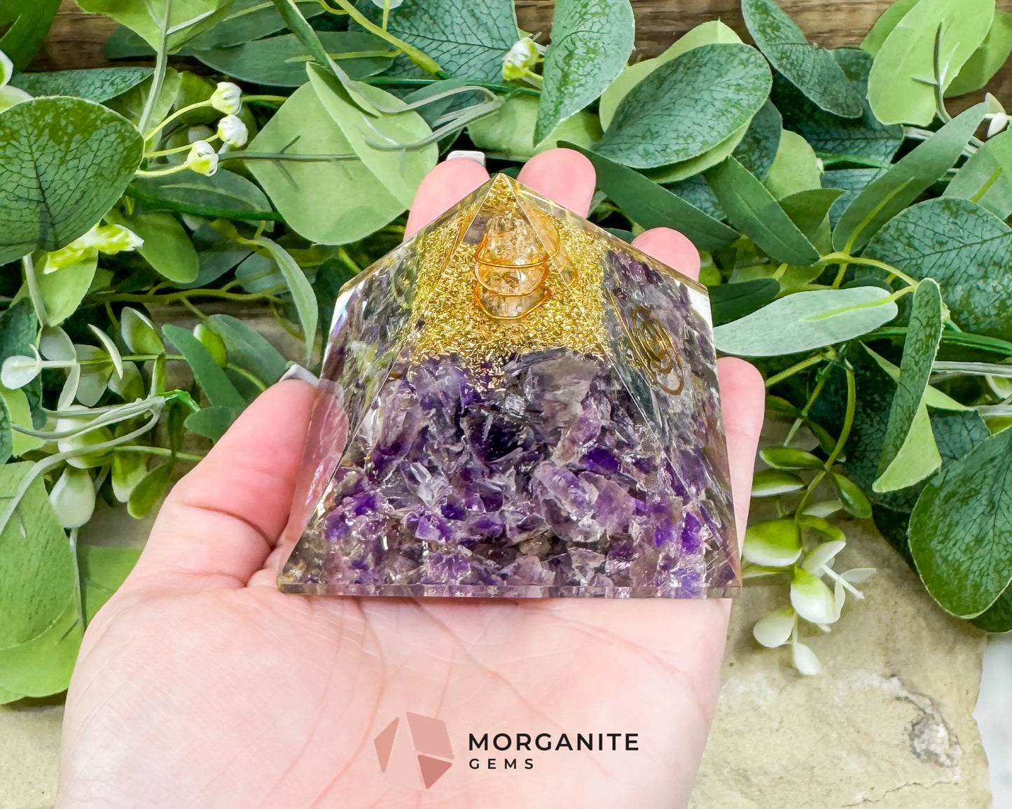 Amethyst Orgonite Pyramid with Clear Quartz Point – Spiritual Clarity & Energy Cleansing (Approx. 2.7’’) - Metaphysical