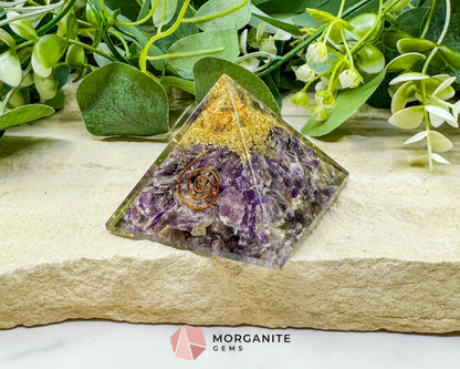 Amethyst Orgonite Pyramid with Clear Quartz Point – Spiritual Clarity & Energy Cleansing (Approx. 2.7’’) - Metaphysical