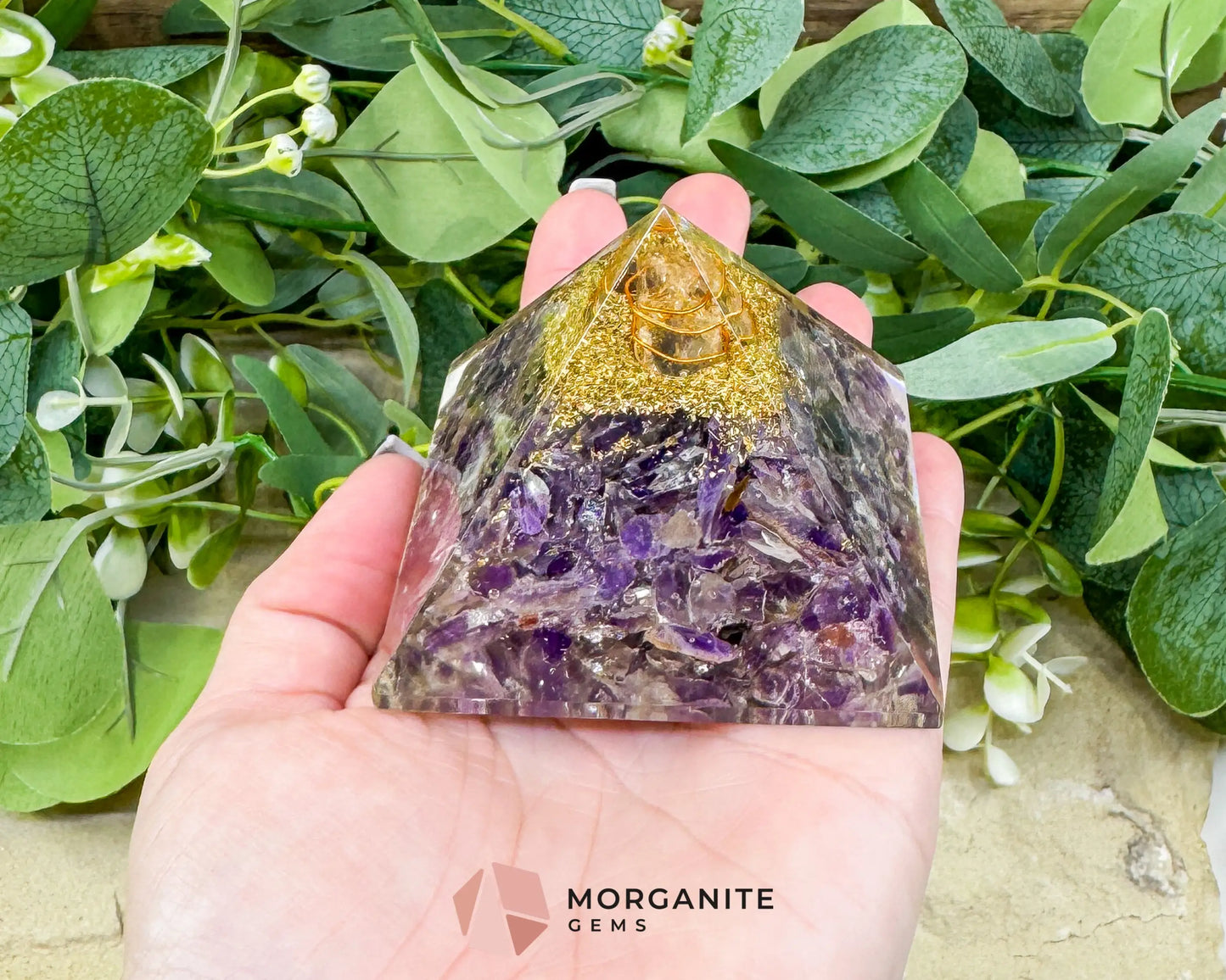 Amethyst Orgonite Pyramid with Clear Quartz Point – Spiritual Clarity & Energy Cleansing (Approx. 2.7’’) - Metaphysical