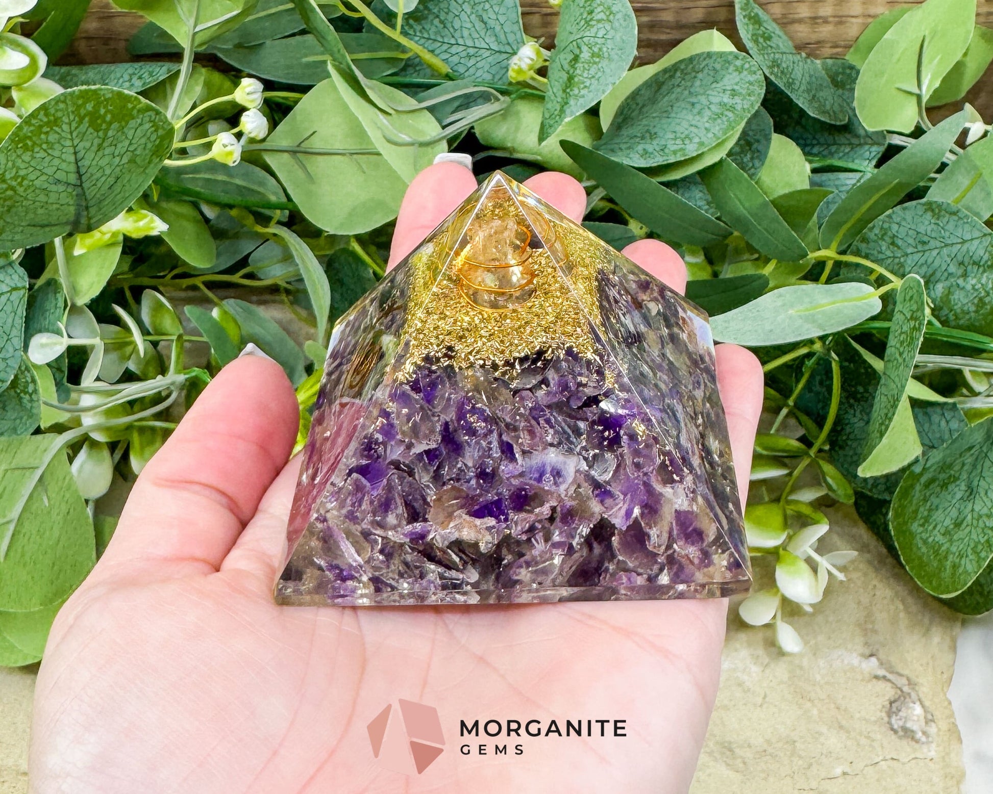 Amethyst Orgonite Pyramid with Clear Quartz Point – Spiritual Clarity & Energy Cleansing (Approx. 2.7’’) - Metaphysical