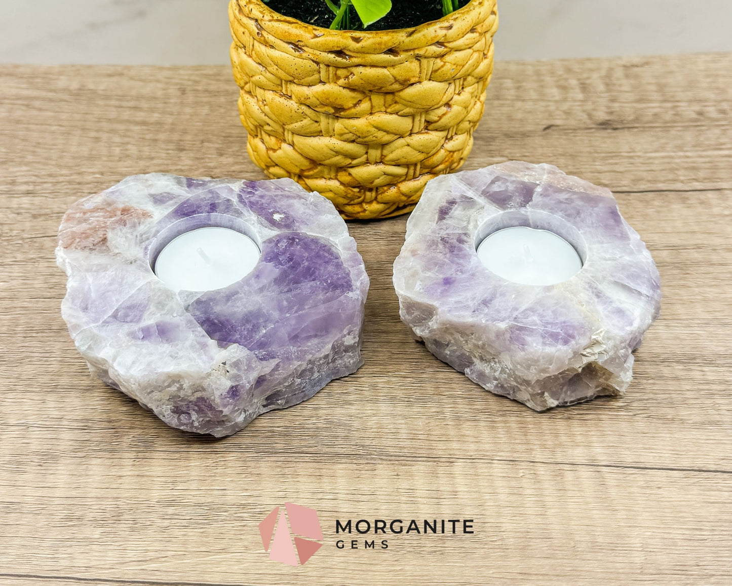 Amethyst Tea Light Candle Holder – Elegant Natural Decor-Morganite Gems