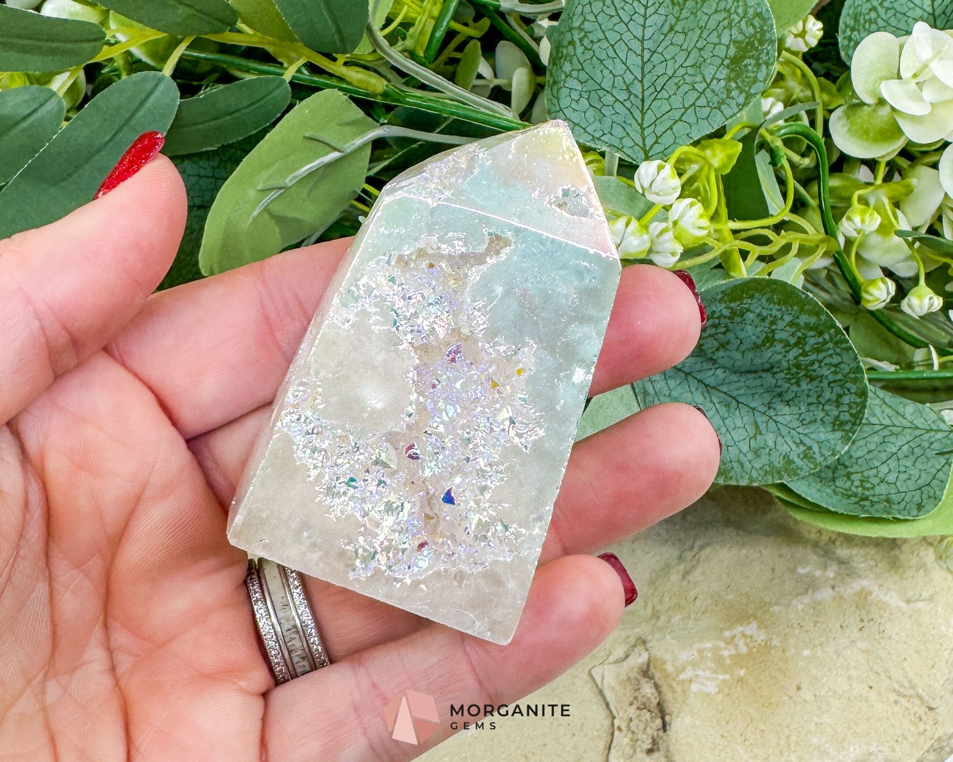 Angel Aura Sphalerite Druzy Obelisk Tower No. 1 – 2.6″ × 1.6″ × 0.8″ | 88 g Iridescent Energy Piece - Metaphysical