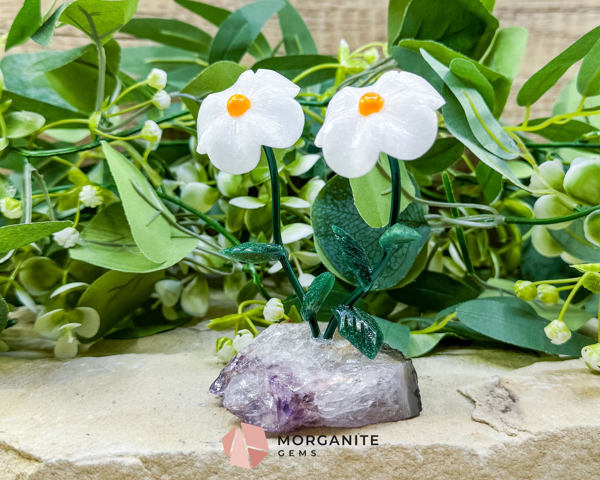 Artisan Double Daisy Flower Crystal Sculpture - White Quartz & Raw Amethyst Base from Brazil - Metaphysical Crystals
