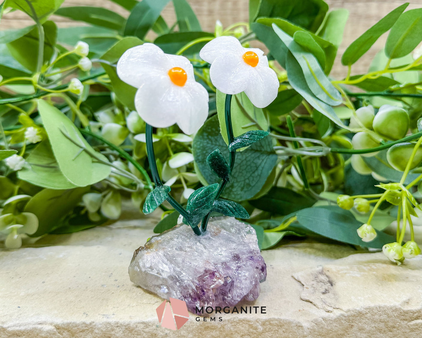 Artisan Double Daisy Flower Crystal Sculpture - White Quartz & Raw Amethyst Base from Brazil - Metaphysical Crystals