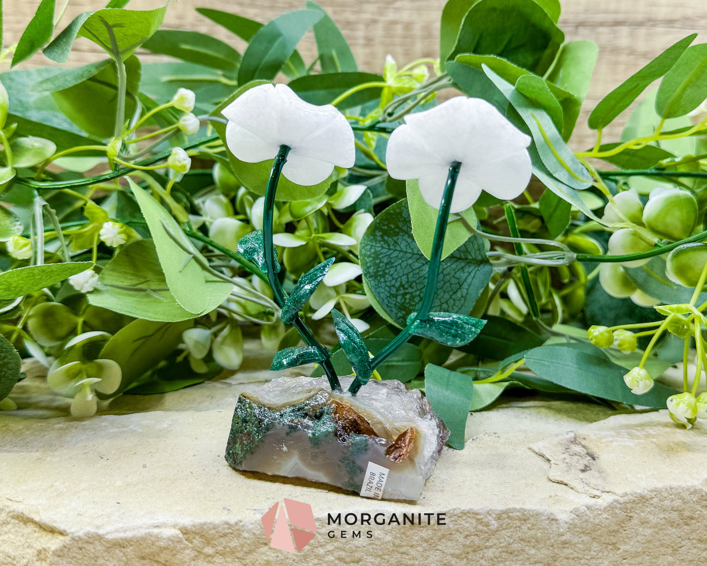 Artisan Double Daisy Flower Crystal Sculpture - White Quartz & Raw Amethyst Base from Brazil - Metaphysical Crystals