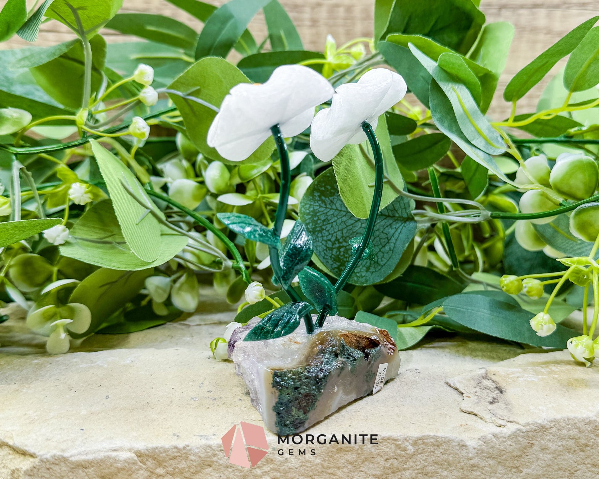 Artisan Double Daisy Flower Crystal Sculpture - White Quartz & Raw Amethyst Base from Brazil - Metaphysical Crystals