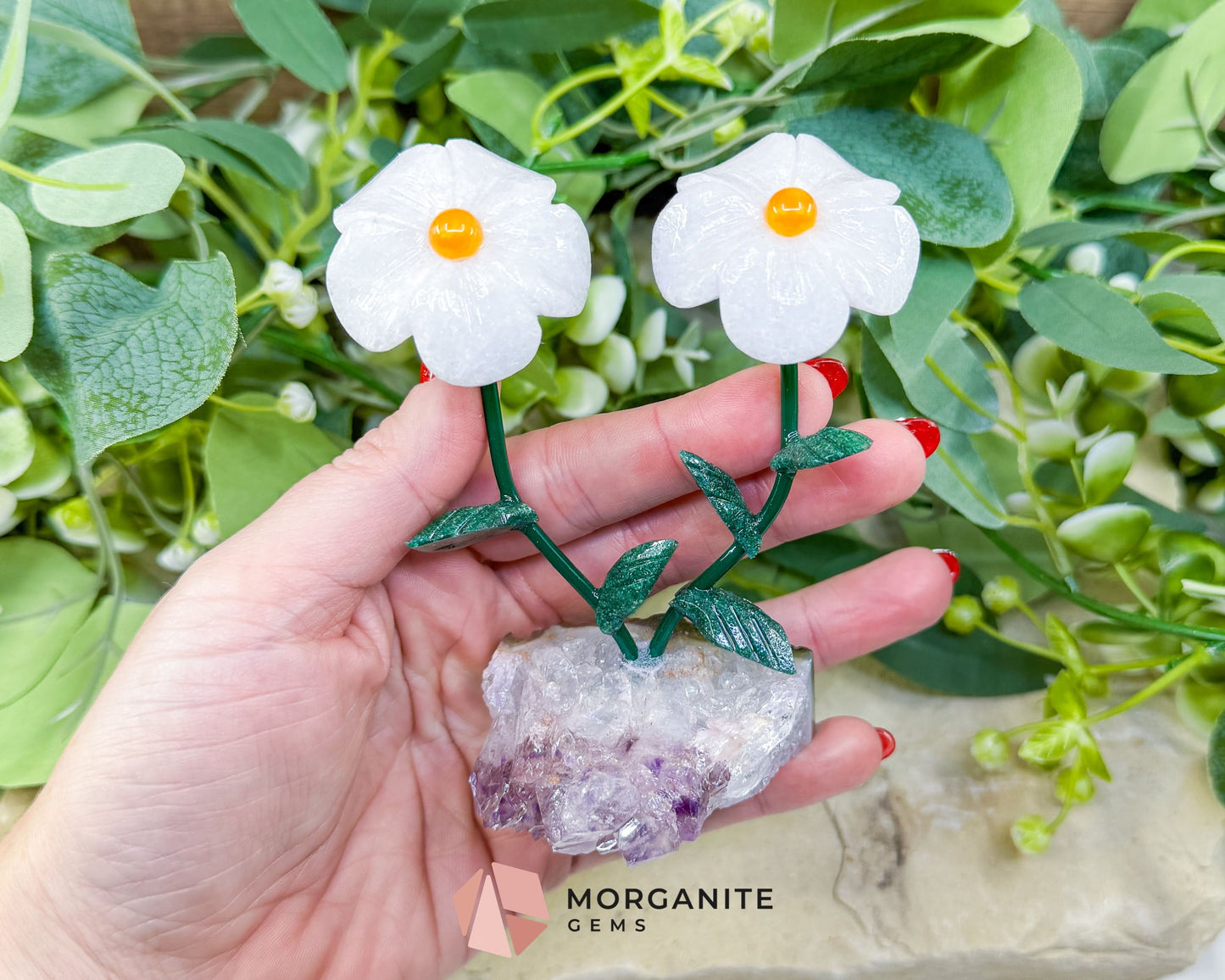 Artisan Double Daisy Flower Crystal Sculpture - White Quartz & Raw Amethyst Base from Brazil - Metaphysical Crystals