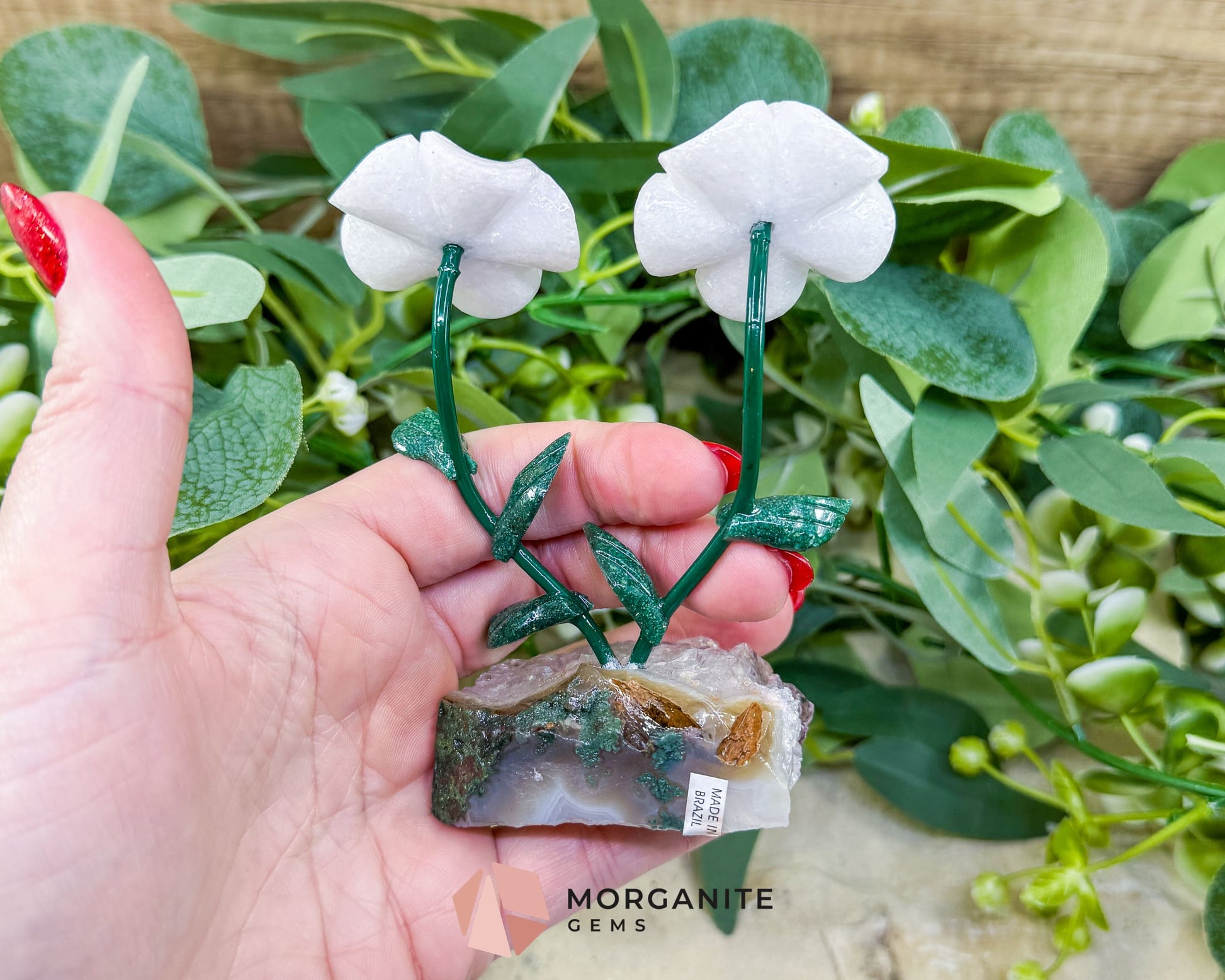 Artisan Double Daisy Flower Crystal Sculpture - White Quartz & Raw Amethyst Base from Brazil - Metaphysical Crystals