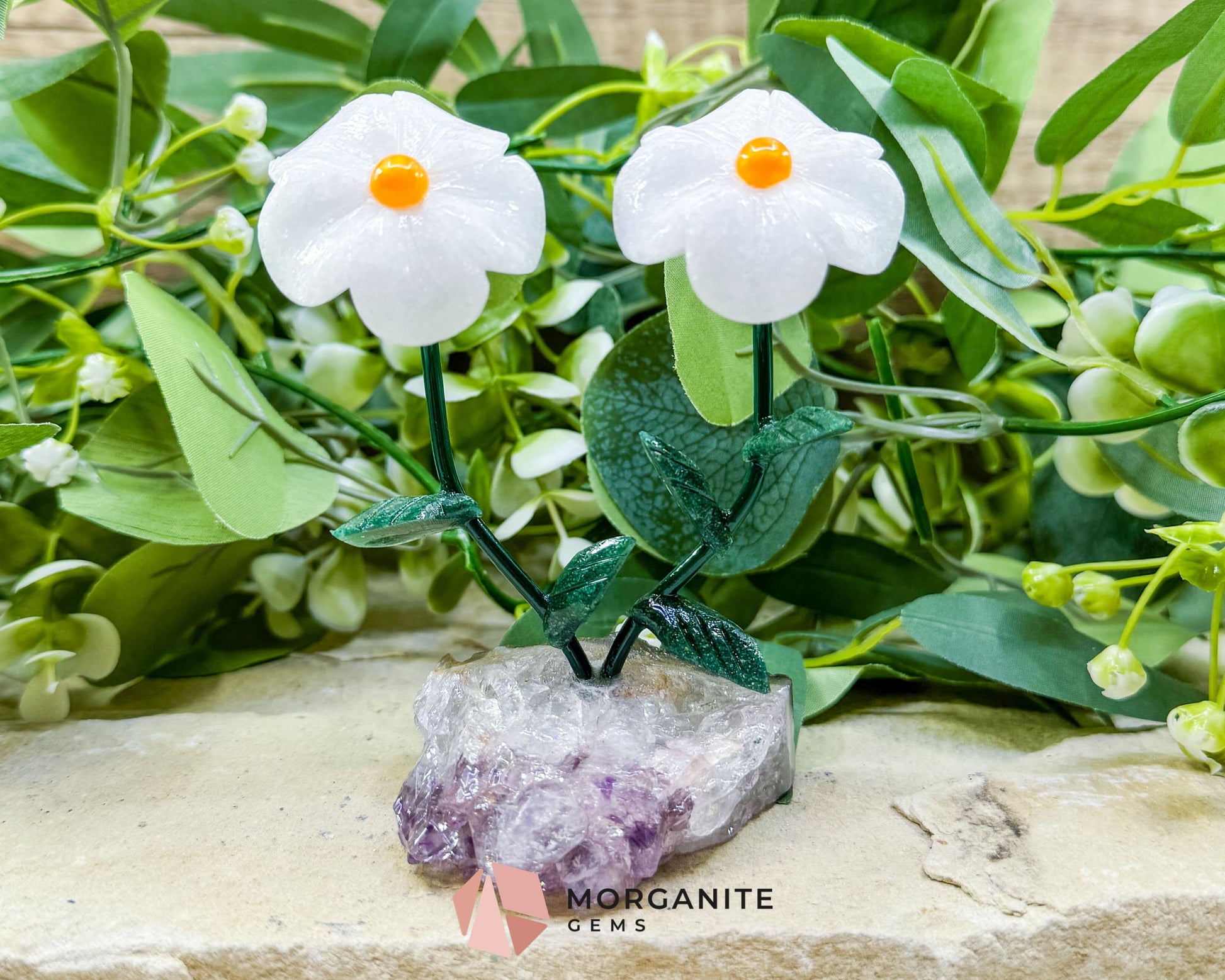 Artisan Double Daisy Flower Crystal Sculpture - White Quartz & Raw Amethyst Base from Brazil - Metaphysical Crystals