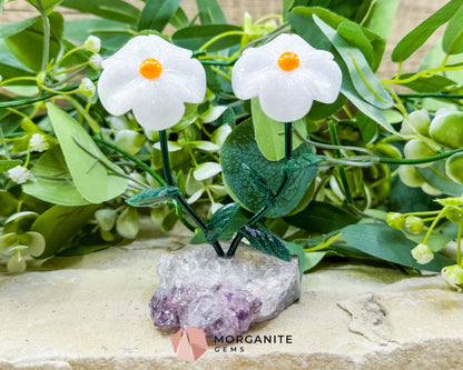 Artisan Double Daisy Flower Crystal Sculpture - White Quartz & Raw Amethyst Base from Brazil - Metaphysical Crystals