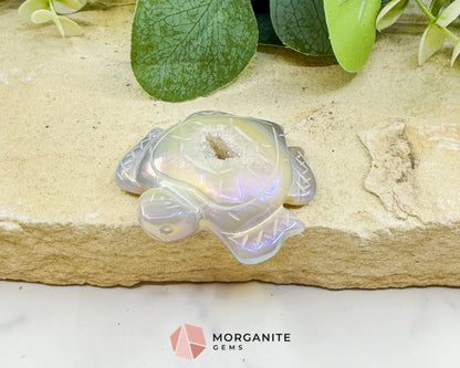 Aura Druzy Agate Turtle – 2.5’’ Crystal Carving for Peace Transformation & Protective Energy - Metaphysical Crystals
