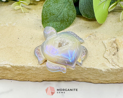 Aura Druzy Agate Turtle – 2.5’’ Crystal Carving for Peace Transformation & Protective Energy - Metaphysical Crystals