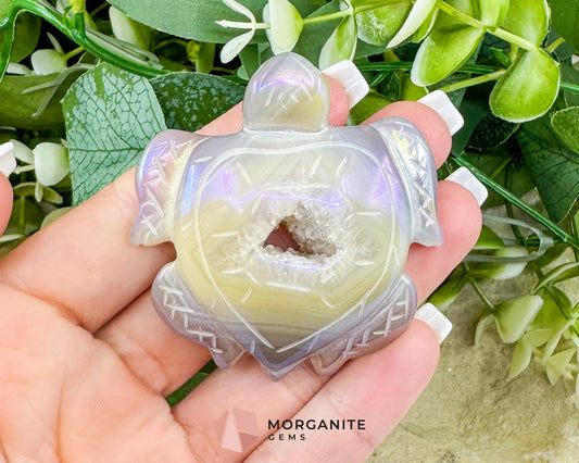 Aura Druzy Agate Turtle – 2.5’’ Crystal Carving for Peace Transformation & Protective Energy - Metaphysical Crystals