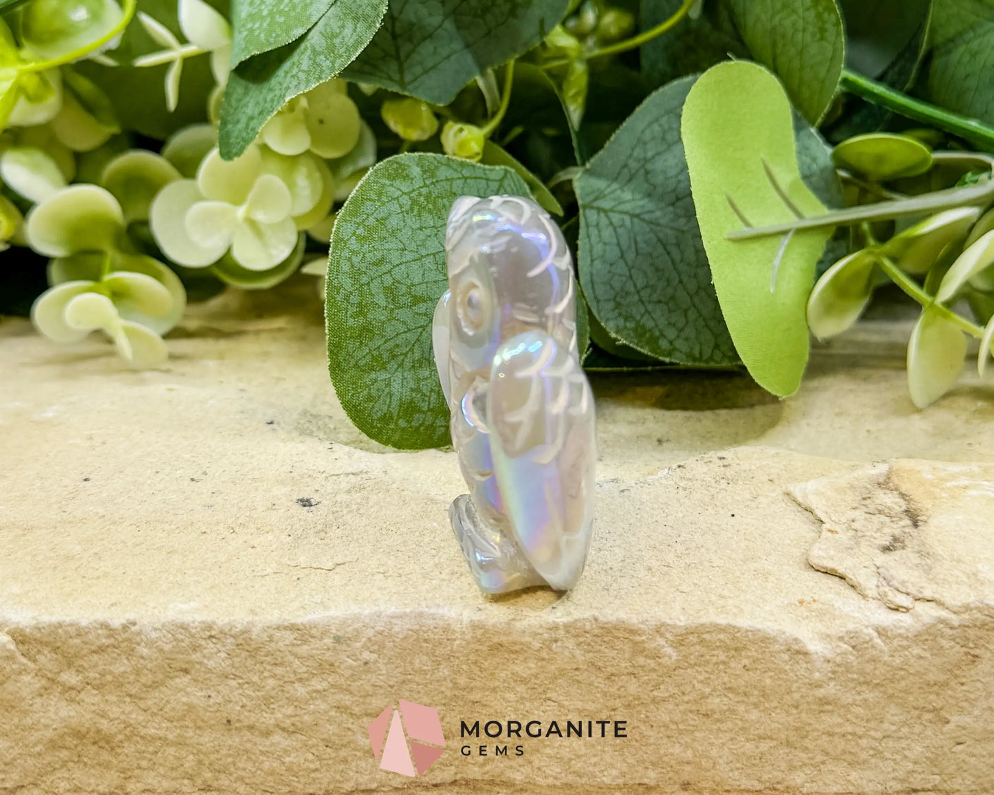 Aura Quartz Owl Carving No.1 – Iridescent Crystal Totem for Intuition Wisdom & Display (2’’ Wide) - Metaphysical