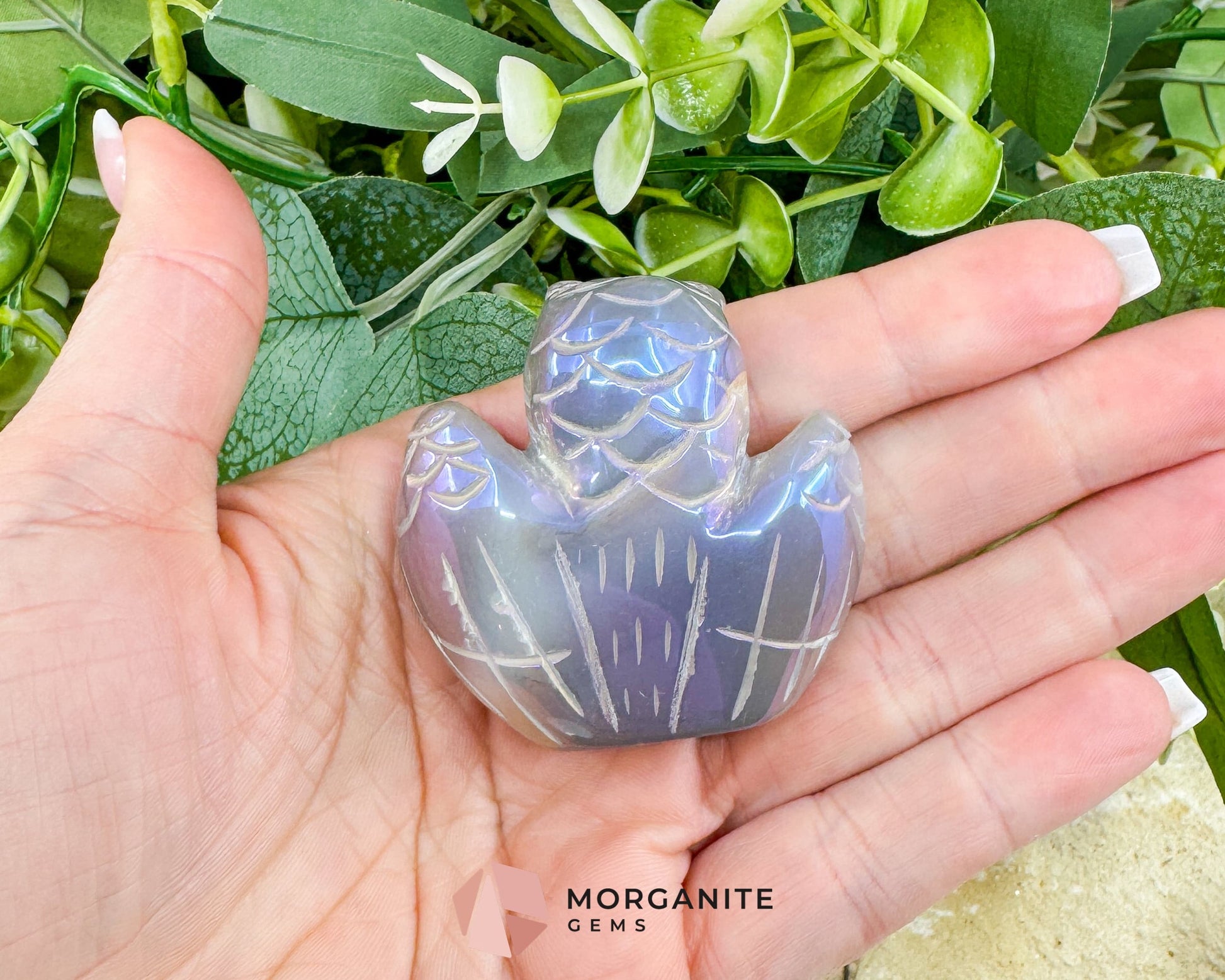 Aura Quartz Owl Carving No.1 – Iridescent Crystal Totem for Intuition Wisdom & Display (2’’ Wide) - Metaphysical