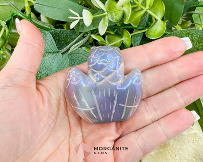 Aura Quartz Owl Carving No.1 – Iridescent Crystal Totem for Intuition Wisdom & Display (2’’ Wide) - Metaphysical