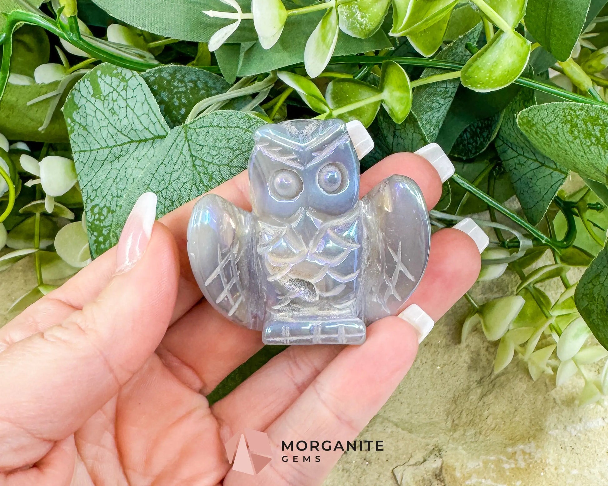 Aura Quartz Owl Carving No.1 – Iridescent Crystal Totem for Intuition Wisdom & Display (2’’ Wide) - Metaphysical