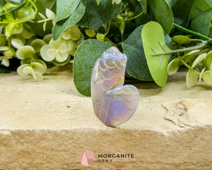 Aura Quartz Owl Carving No.1 – Iridescent Crystal Totem for Intuition Wisdom & Display (2’’ Wide) - Metaphysical