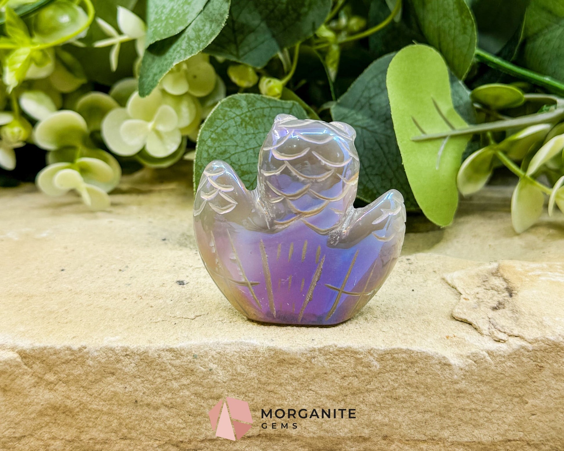 Aura Quartz Owl Carving No.1 – Iridescent Crystal Totem for Intuition Wisdom & Display (2’’ Wide) - Metaphysical