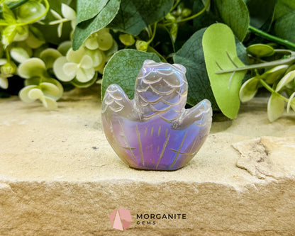 Aura Quartz Owl Carving No.1 – Iridescent Crystal Totem for Intuition Wisdom & Display (2’’ Wide) - Metaphysical