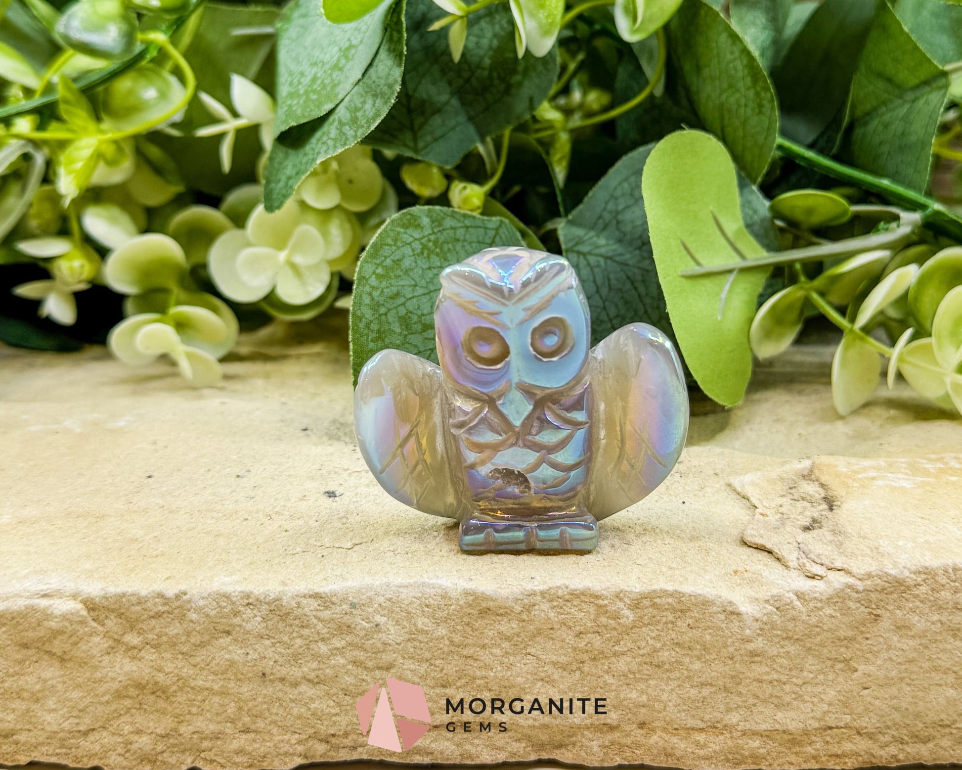 Aura Quartz Owl Carving No.1 – Iridescent Crystal Totem for Intuition Wisdom & Display (2’’ Wide) - Metaphysical