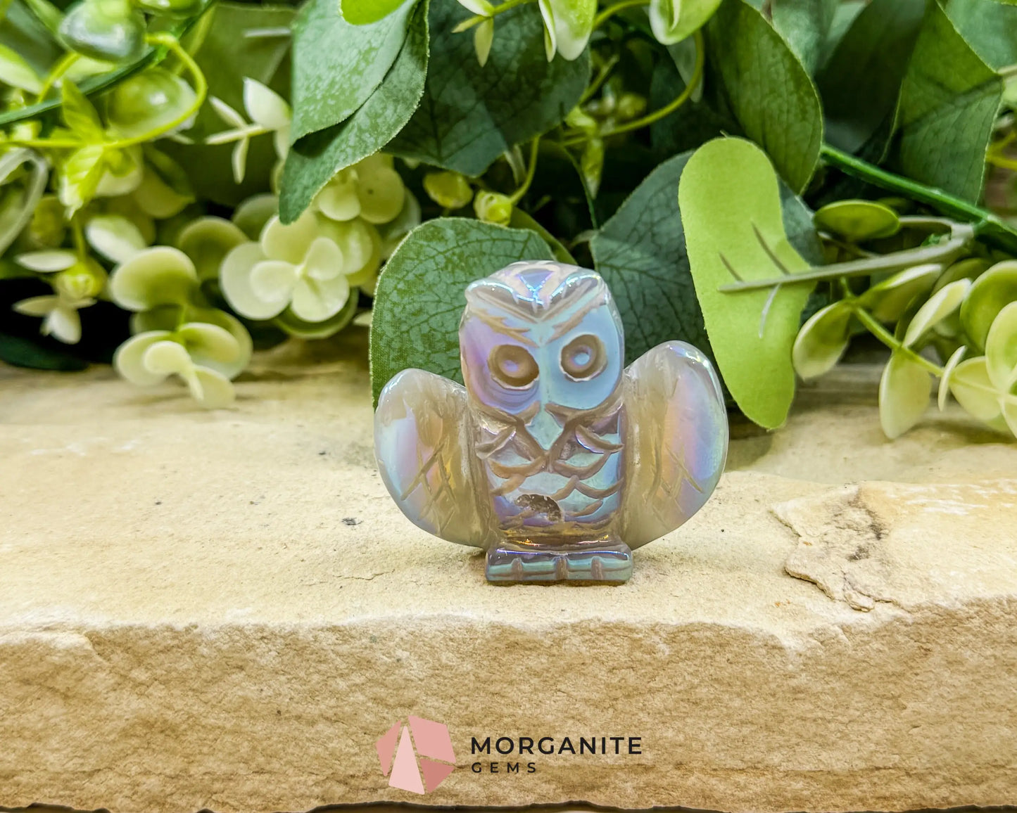 Aura Quartz Owl Carving No.1 – Iridescent Crystal Totem for Intuition Wisdom & Display (2’’ Wide) - Metaphysical