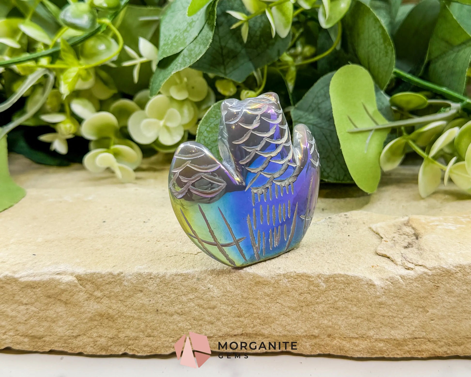 Aura Quartz Owl Carving No. 2 – Rainbow Iridescent Crystal Totem of Wisdom & Intuition (2.3’’ Wide) - Metaphysical