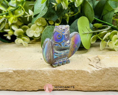 Aura Quartz Owl Carving No. 2 – Rainbow Iridescent Crystal Totem of Wisdom & Intuition (2.3’’ Wide) - Metaphysical