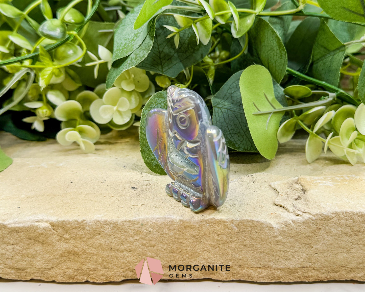 Aura Quartz Owl Carving No. 2 – Rainbow Iridescent Crystal Totem of Wisdom & Intuition (2.3’’ Wide) - Metaphysical