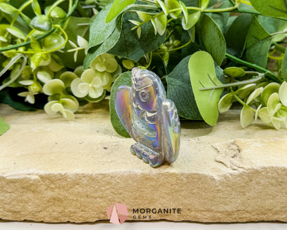 Aura Quartz Owl Carving No. 2 – Rainbow Iridescent Crystal Totem of Wisdom & Intuition (2.3’’ Wide) - Metaphysical