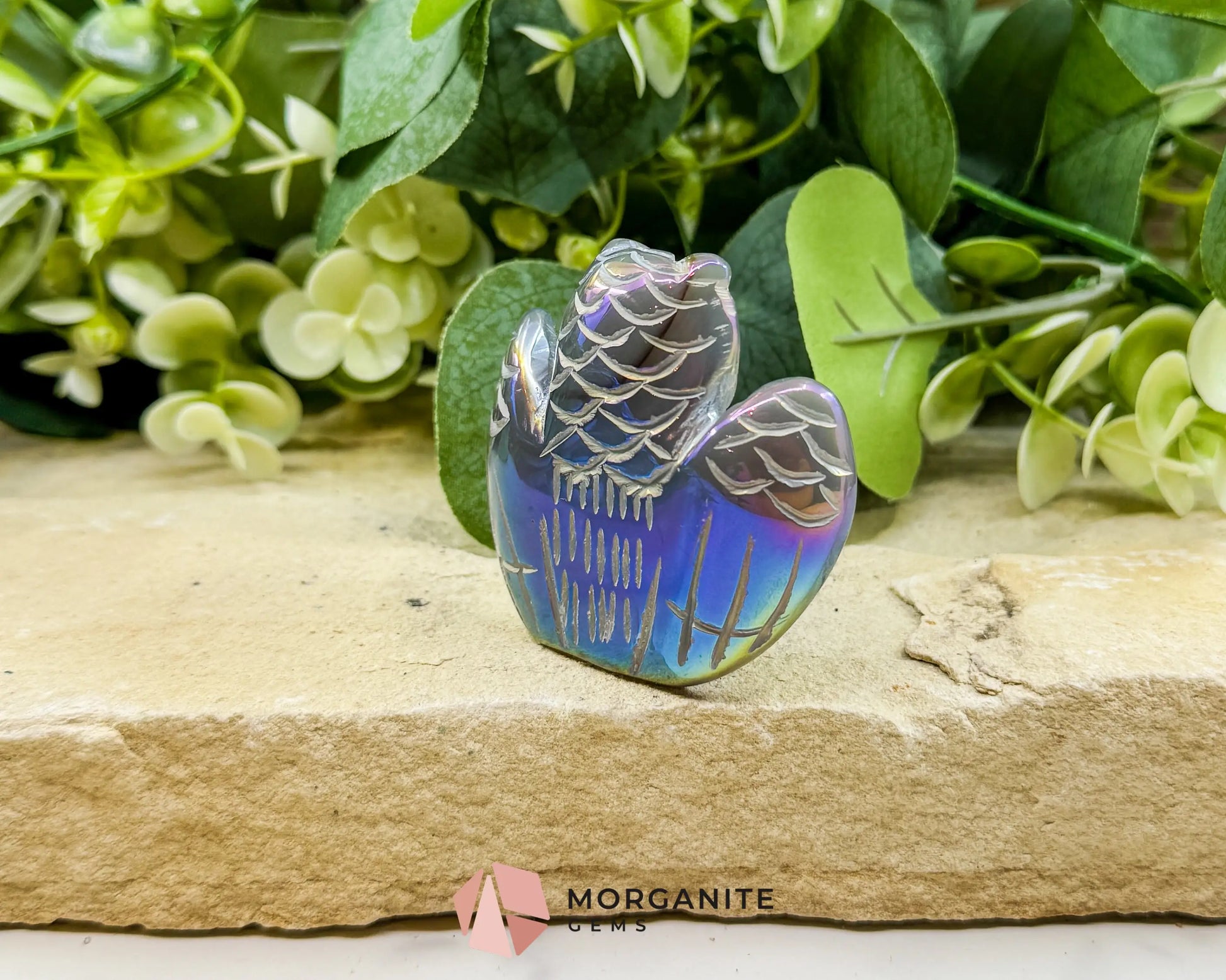 Aura Quartz Owl Carving No. 2 – Rainbow Iridescent Crystal Totem of Wisdom & Intuition (2.3’’ Wide) - Metaphysical