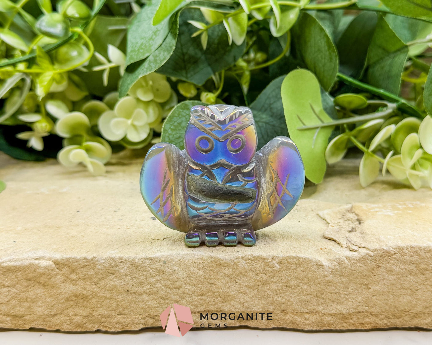 Aura Quartz Owl Carving No. 2 – Rainbow Iridescent Crystal Totem of Wisdom & Intuition (2.3’’ Wide) - Metaphysical