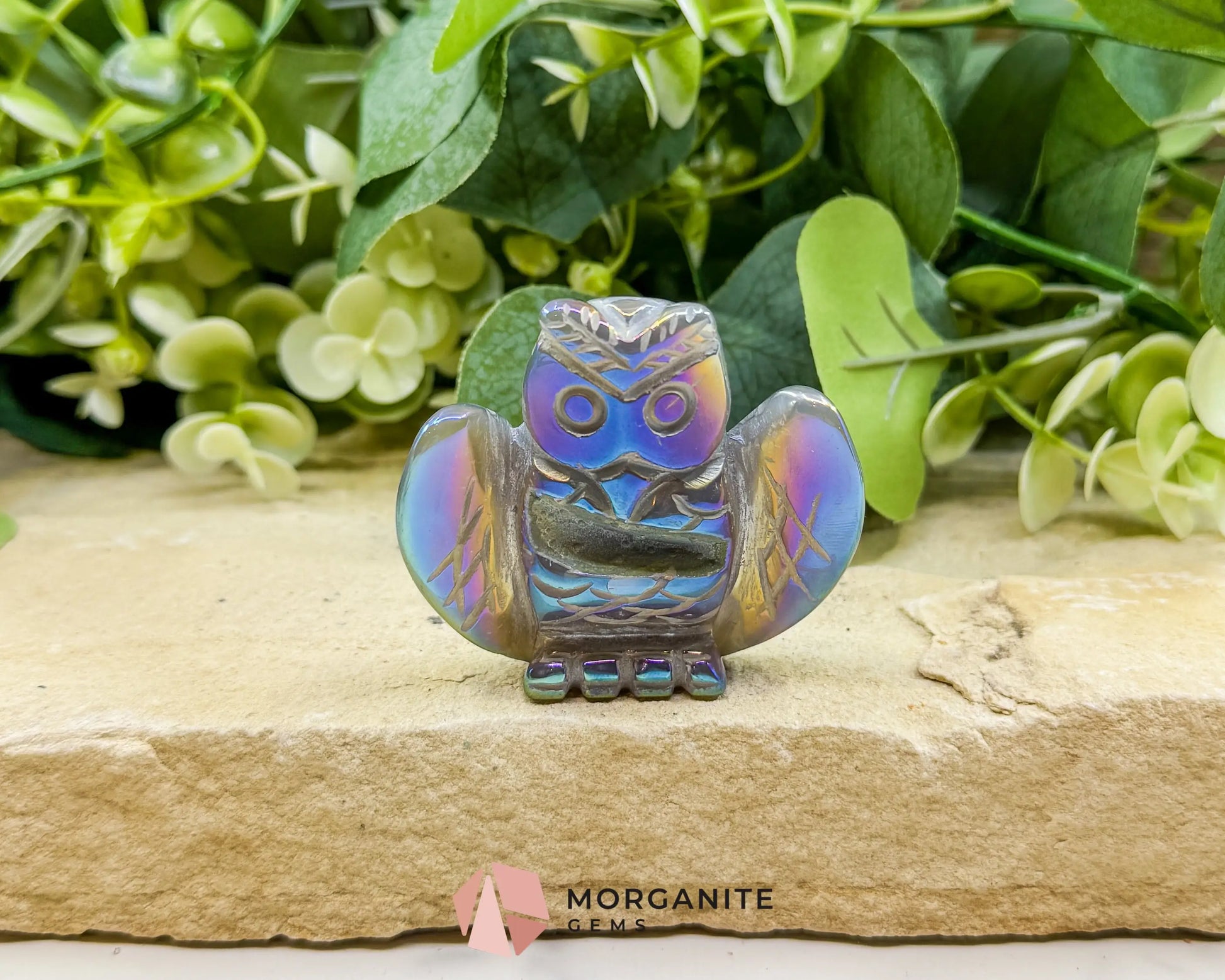 Aura Quartz Owl Carving No. 2 – Rainbow Iridescent Crystal Totem of Wisdom & Intuition (2.3’’ Wide) - Metaphysical