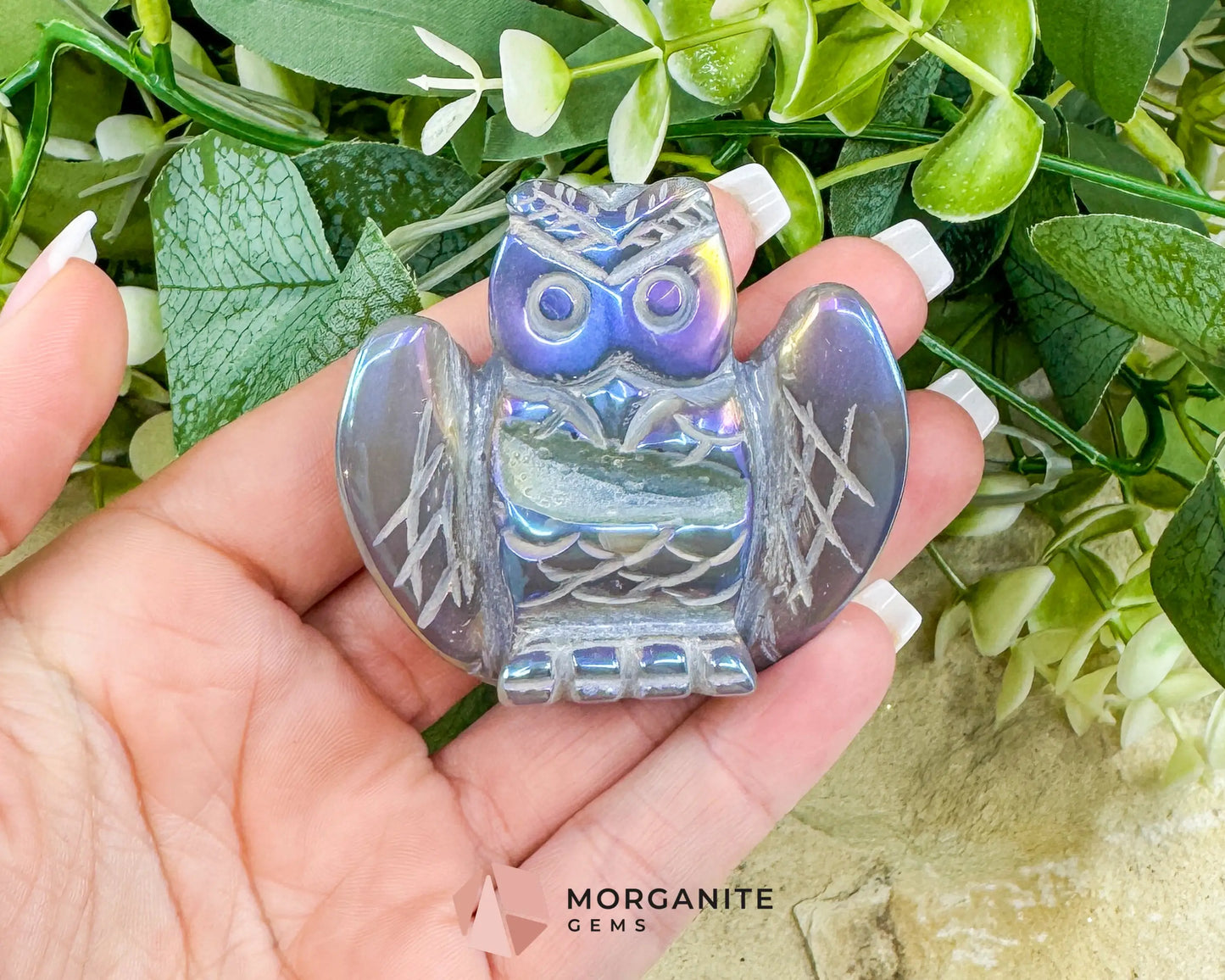 Aura Quartz Owl Carving No. 2 – Rainbow Iridescent Crystal Totem of Wisdom & Intuition (2.3’’ Wide) - Metaphysical