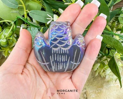 Aura Quartz Owl Carving No. 2 – Rainbow Iridescent Crystal Totem of Wisdom & Intuition (2.3’’ Wide) - Metaphysical